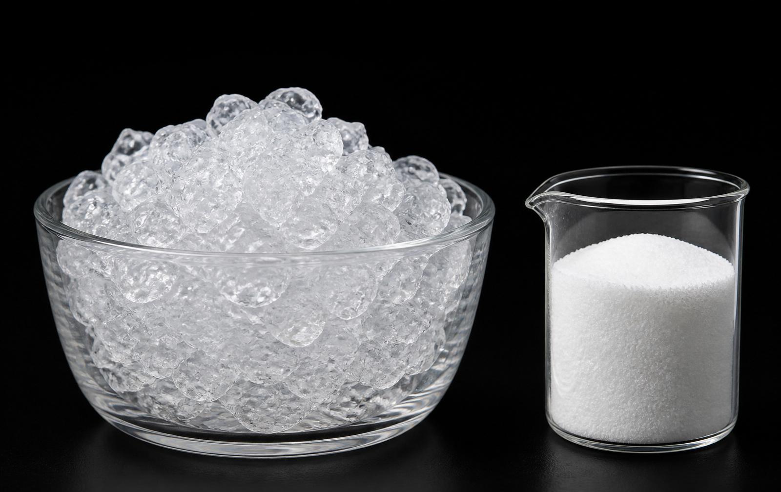 Hydrated Hydrogell gel crystals in a glass bowl next to dry white granules in a beaker